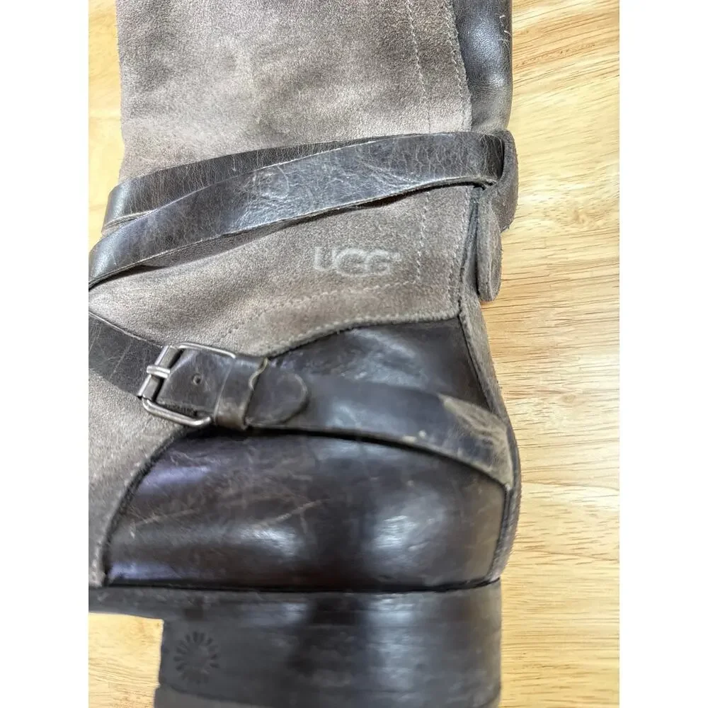 UGG Boots Womens Size 9 Grey & Black Deanna Burnished Suede Leather Riding Moto